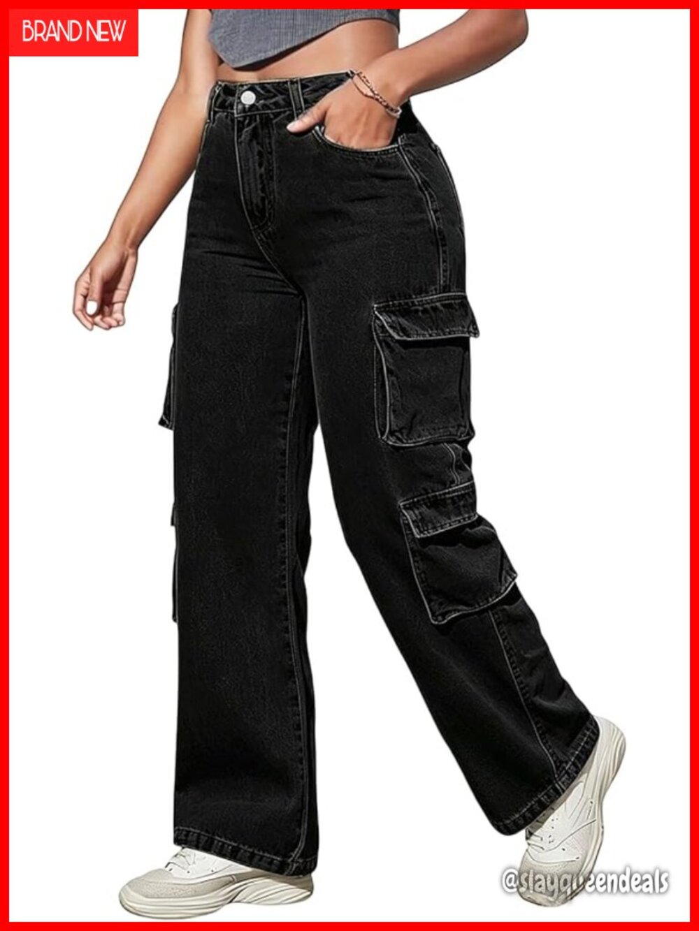 Plus Size Cargo Jeans High Waist Straight Leg Wide Leg Baggy Boyfriend Stretch